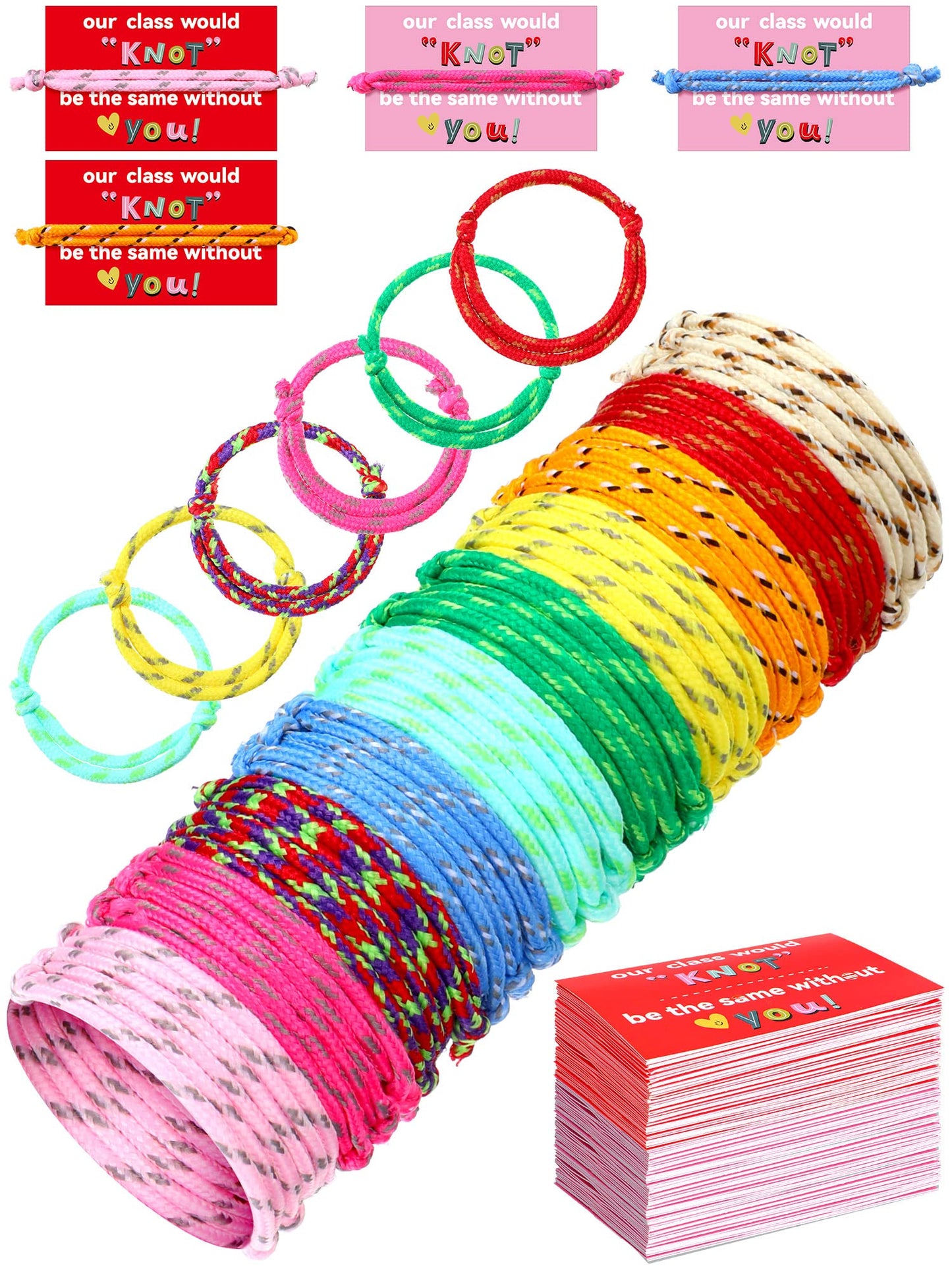 100 Pieces Valentine Knot Bracelets with Card Neon Rope Woven Friendship Bracelets for Kids Adjustable Rope Bracelets Bulk for G