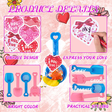 Fvcisshhu 28 Set Plastic Shovels Toy for Kids,Summer Beach Sand Shovel with I Dig You Cards Candy Bags Ties for Valentine's Part