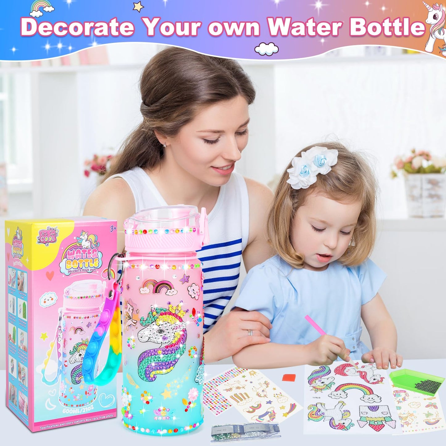Decorate Your Own Water Bottle Kits For Girls Age 4-12, Unicorn Gem Girls Diamond Painting Crafts, Arts And Crafts Kits Toys Unicorn Gifts For 3-10 Year Old Girls Kids Birthday (Unicorn 600Ml)