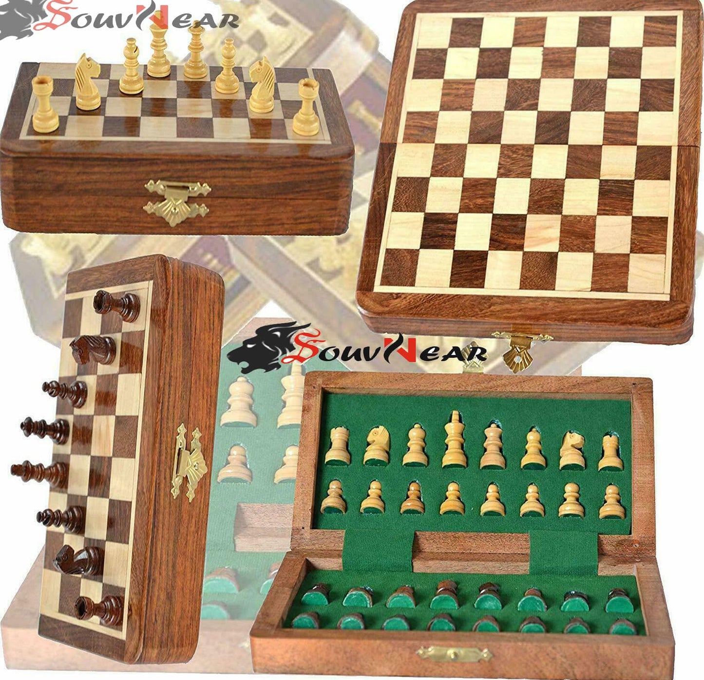 Souvnear Wooden Handcrafted Foldable Magnetic Chess Board Set With 32 Magnetic Pieces For 2 Players Kids And Adults (10X10 Inche