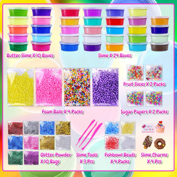 ESSENSON 34 Cups Slime Kit for Kids, DIY Butter & Crystal Slime, Party Favors for Ages 6-10, Clear Jumbo Slime Making Gift