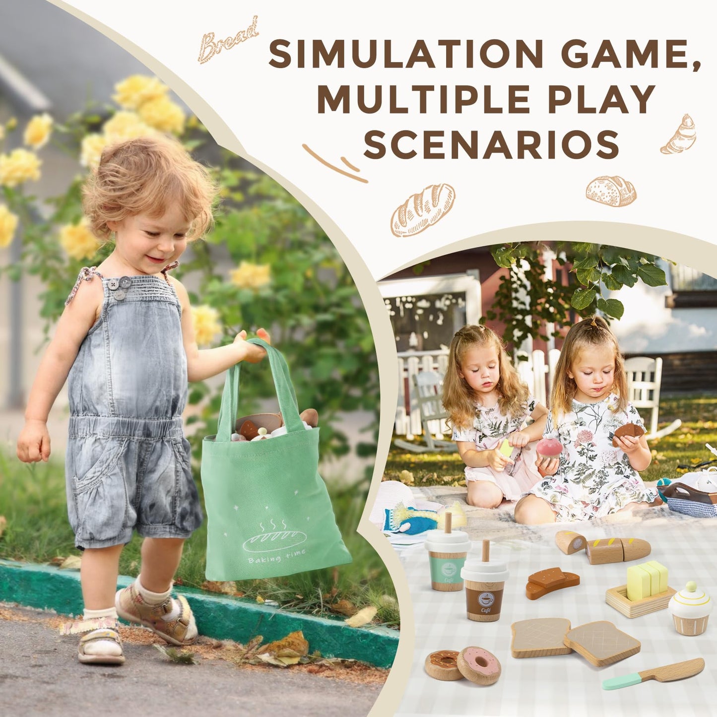 17 PCS Wooden Bakery Toy Food Playset for Kids, Pretend Picnic Play Food for Toddlers 3+, Play Kitchen Accessories with Shopping