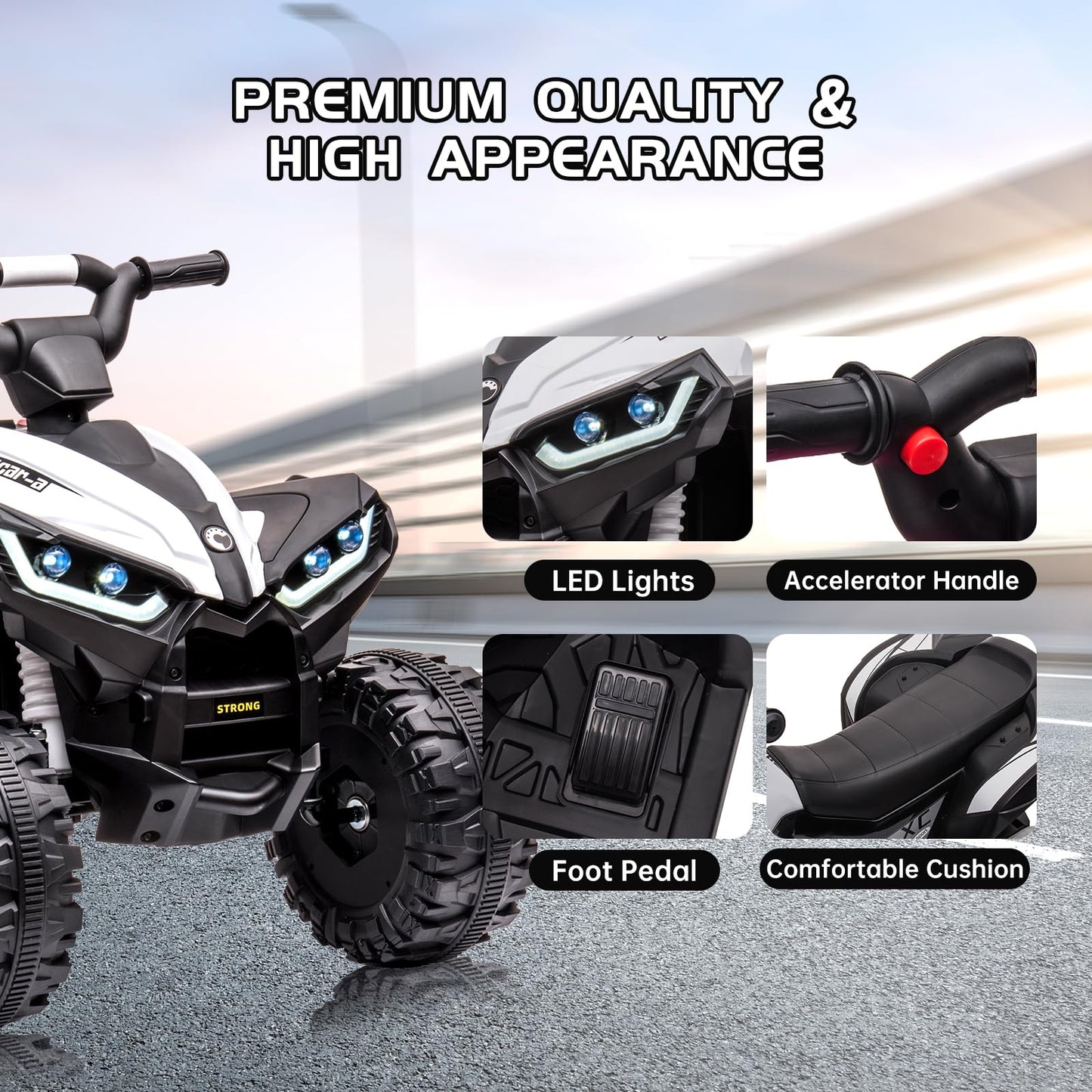 Hipicute Kids Ride On ATV - 12V Battery Powered 4 Wheeler with Remote Control, Music, Horn, LED Lights - White Electric Car for 3+ Years Old
