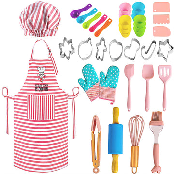 BBplusDD Real Kids Baking and Cooking Sets - 38 Pcs Real Baking Supplies for Junior Chef Includes Kids Apron and Chef Hat, Bakin