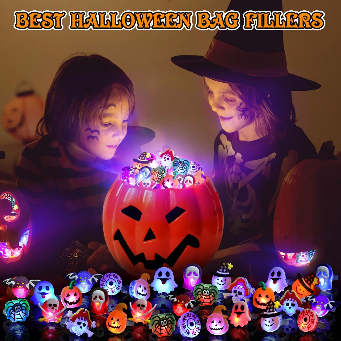 Coluans 50P Halloween LED Ring Light Up Rings - Glow in the Dark Party Favors for Kids, Non-Candy Gift Bag Fillers, NEW VERSION