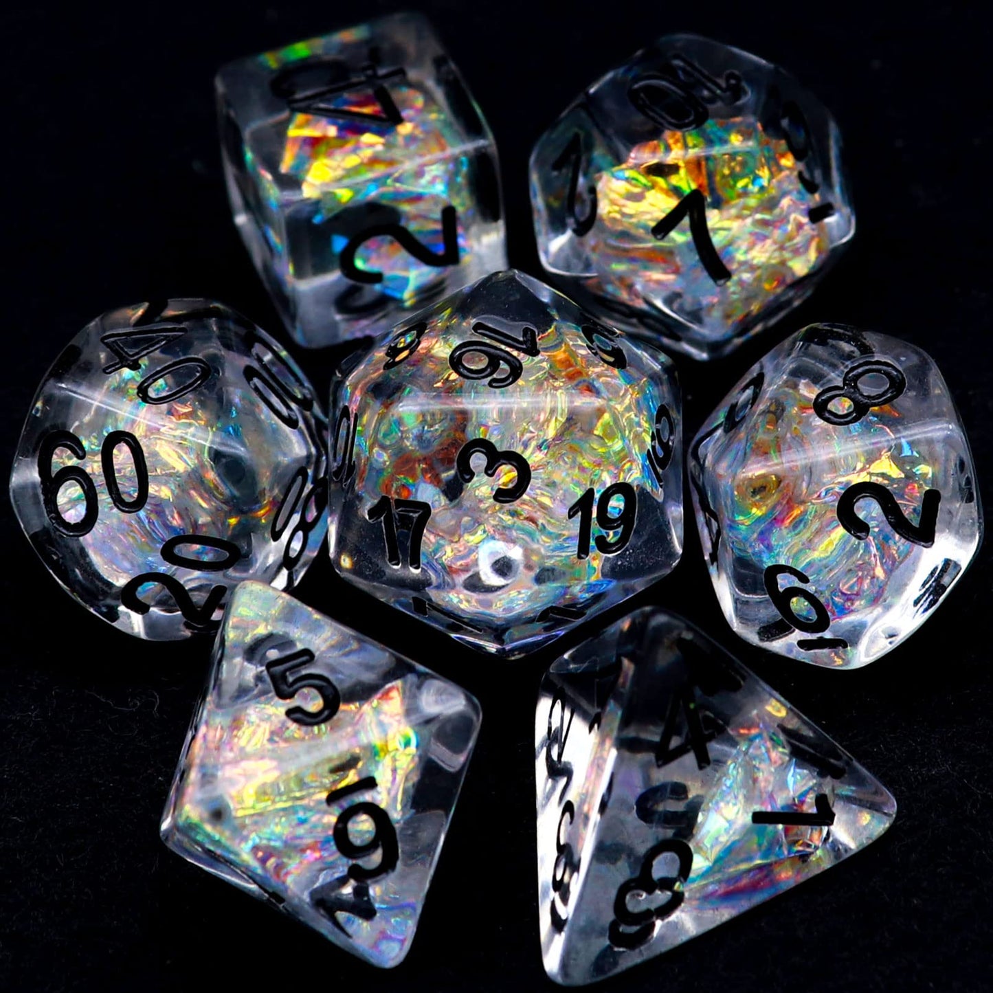 Haxtec Clear DND Dice Set 7PCS Filled Resin Polyhedral D&D Dice W/Iridescent Rainbow Mylar Inclusion for Roleplaying Games Dunge