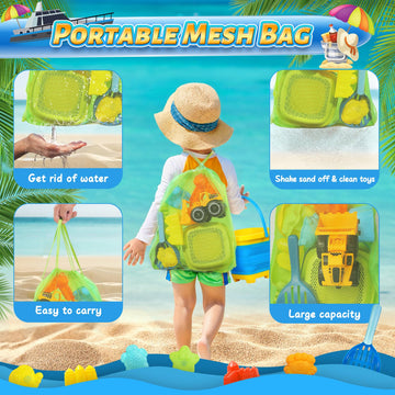 Beach Sand Toys for Kids with Collapsible Bucket and Mesh Bag, Toddlers Filter Sand Scooper Mesh Shovel Cover for Collecting She