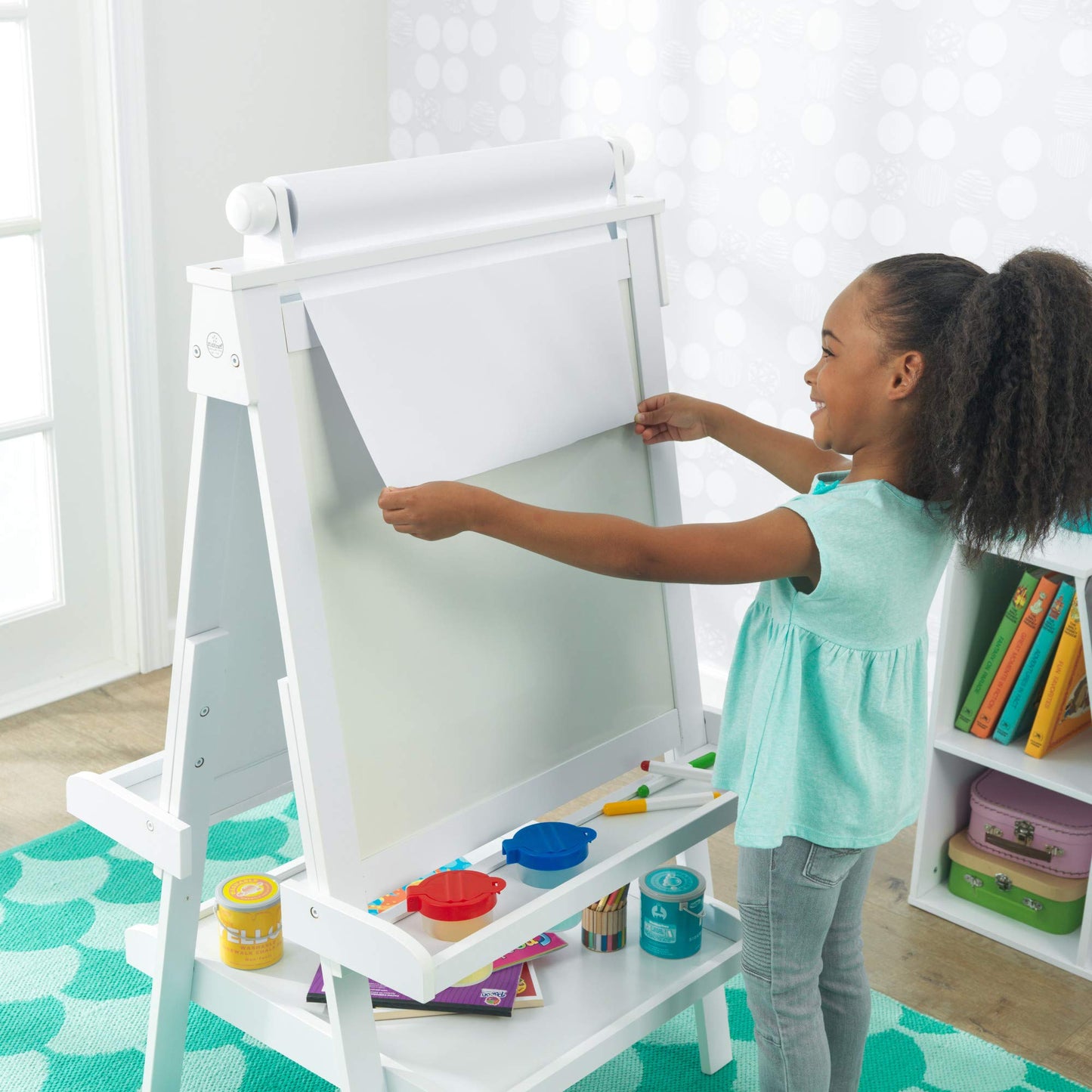 Kidkraft Deluxe Wooden Easel With Chalkboard And Dry Erase Surfaces, Paper Roll And Paint Cups - White, Gift For Ages 3+