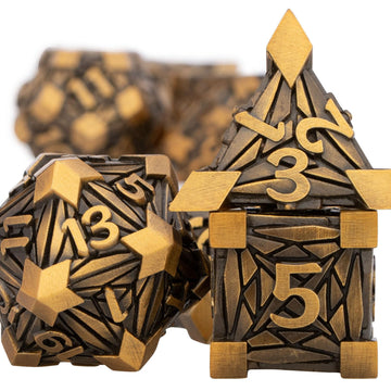 ORIFANTOU 7PCS Metal DND Dice Set Golden D&D Dice with Box, Debris RPG D and D Dice Dungeons and Dragons Role Playing Game Polyh