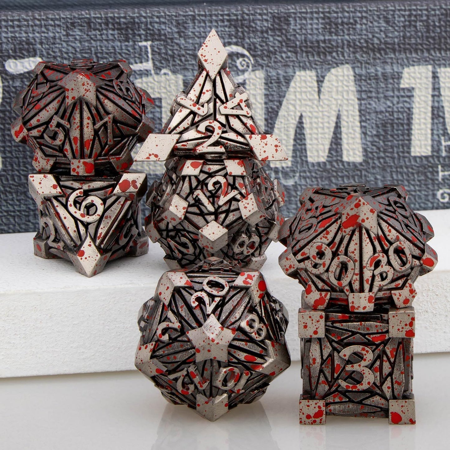 ORIFANTOU Metal DND Dice Set Dungeons and Dragons Dice with Box, Blood Spatter Debris D&D Dice RPG D and D Dice Role Playing Gam