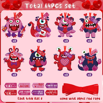 64 Sets Valentines Day Crafts Kits for Kids, Valentines Day DIY Monster Cards for Kids, Valentines Paper Craft Hanging Ornamen