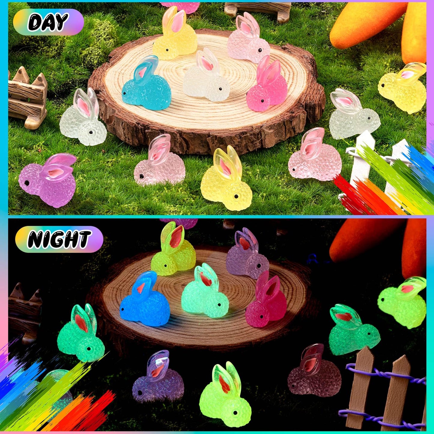 HFAYDZSW 120Pcs Luminous Mini Resin Bunny, Miniature Bunny Figurines, Glow in The Dark Tiny Rabbit Ornament for Garden Landscape