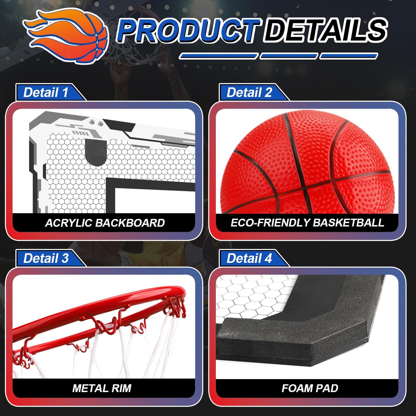 Indoor Over Door Mini Basketball Hoop Set For Kids Adults, Upgrade Wall Mount Basketball Hoop For Wall With Large Dunk Rim, Room Basketball Hoops Game With 4 Small 6' Balls Gift For Boys Girls Teen