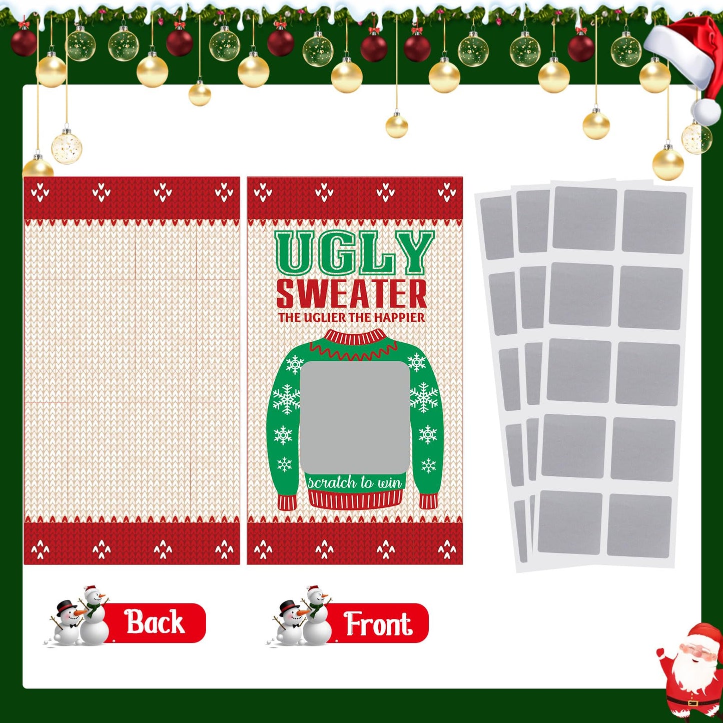 Outus 50 Pieces Christmas Scratch Off Cards Stickers Christmas Hawaii Party Games Vouchers Festive Raffle Tickets Holiday Business Prize Drawings For Kids Adults Families Events Groups (Ugly Sweater)