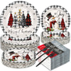GOLDGAO 200 PCS Christmas Paper Plates Napkins Party Set Buffalo Plaid Xmas Tree Snowman Dinnerware Plate and Napkin Sets for Xm