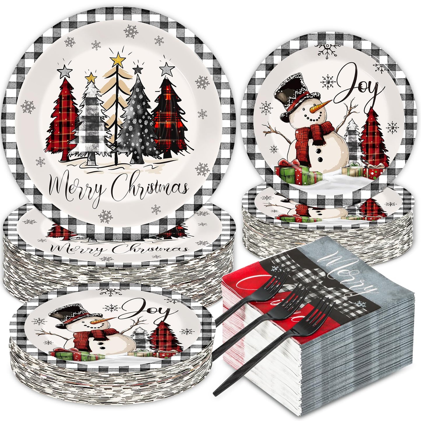 GOLDGAO 200 PCS Christmas Paper Plates Napkins Party Set Buffalo Plaid Xmas Tree Snowman Dinnerware Plate and Napkin Sets for Xm