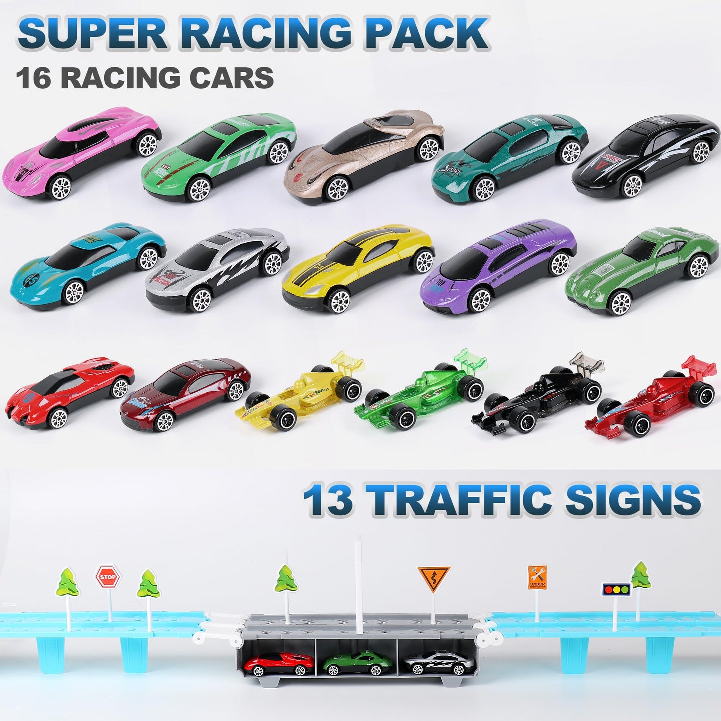 Dwi Dowellin Carrier Truck Toys for Kids,5-FT Hauler Truck with Ejection Race Track and 16 Die-Cast Metal Toy Cars,Car Toy Gift