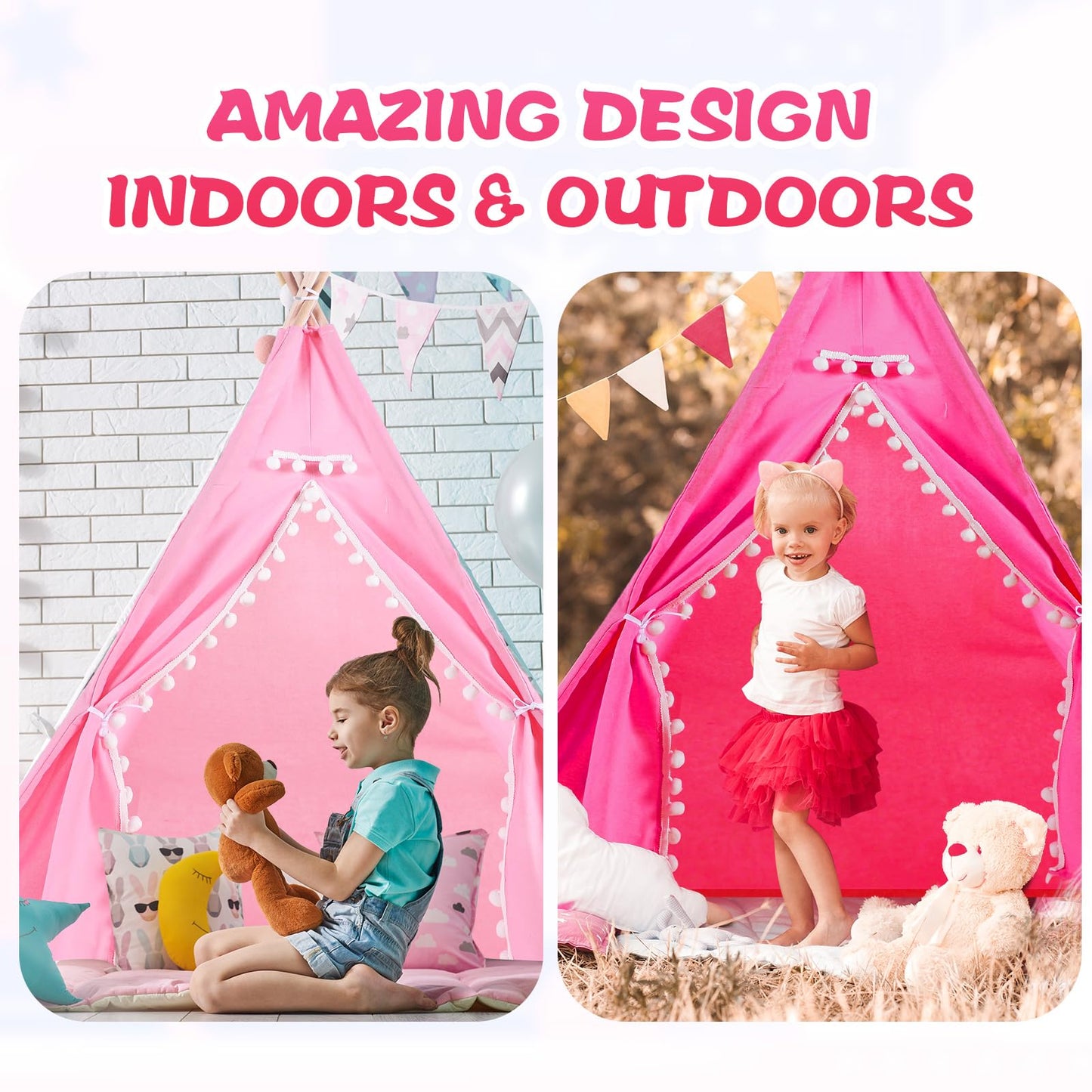Windyun 6 Pcs Kids Teepee Tent Foldable Washable Indoor Outdoor For Boys Girls Toddler Boho Sleepovers Birthday Pajama Party Spa