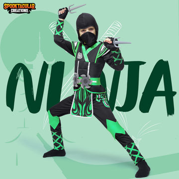 Spooktacular Creations Kids Green Ninja Costume, Child Boy Ninja Outfit Set, Halloween Costume For Toddler Themed Parties, Dress Up (Medium, 8-10 Yrs)