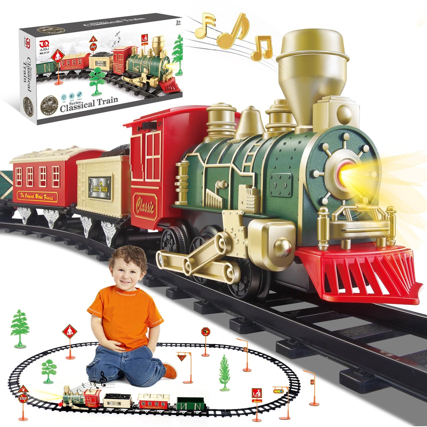 Juqu Train Set-Electric Train Sets For Boys Toddlers Classical Train Toys,Battery-Powered Locomotive Engine With Sound And Light