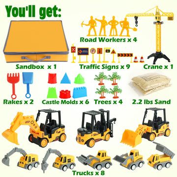 Billeeit Sand Construction Kit with A Big Foldable Sandbox and 2.2lbs Magic Sand, Truck Sand Construction Toys Including Castle