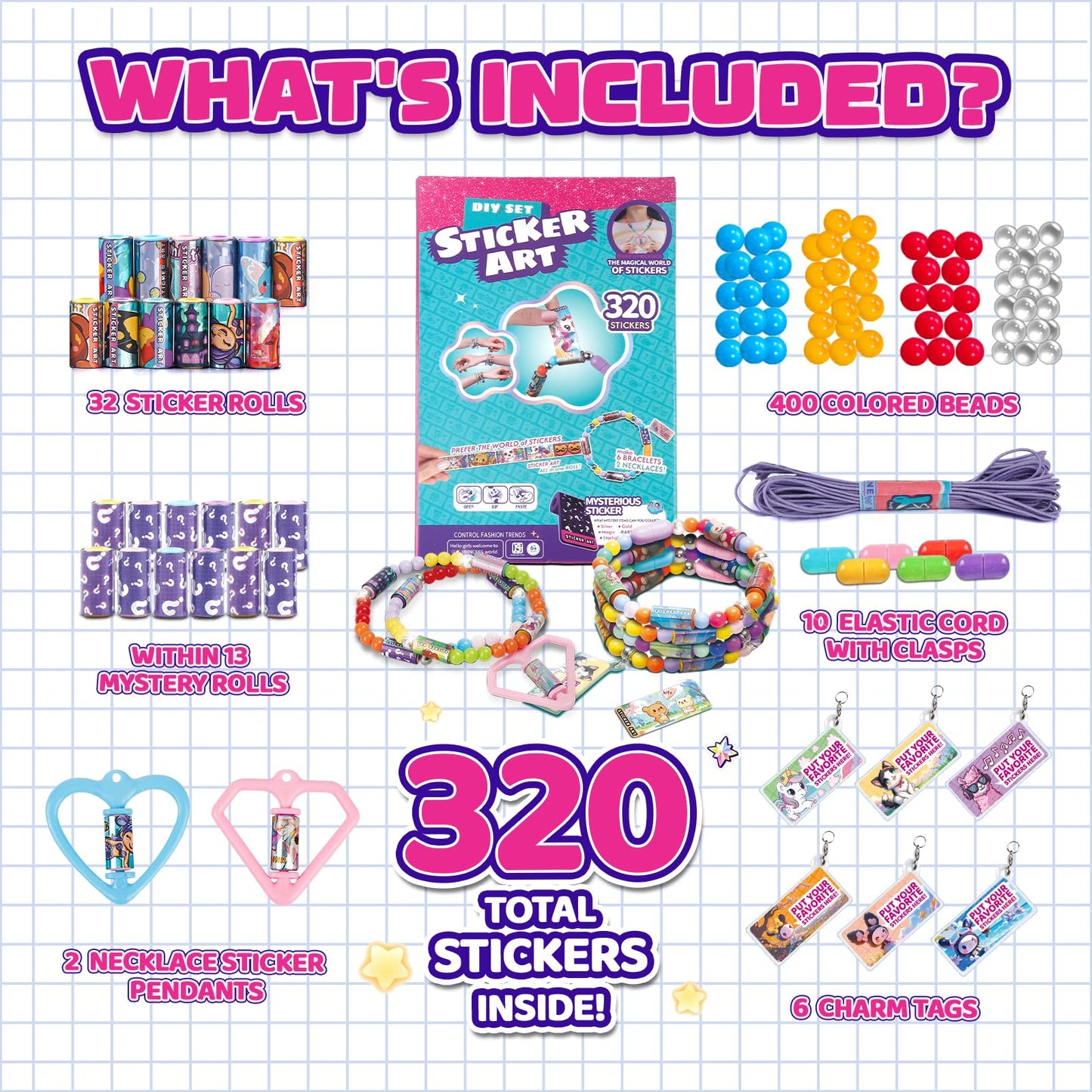 Scarmat 320pcs DIY Jewelry Sticker Kit, Multi-Colored Acrylic Stickers, Bracelet Set for Girls Ages 5-12, Model 907C