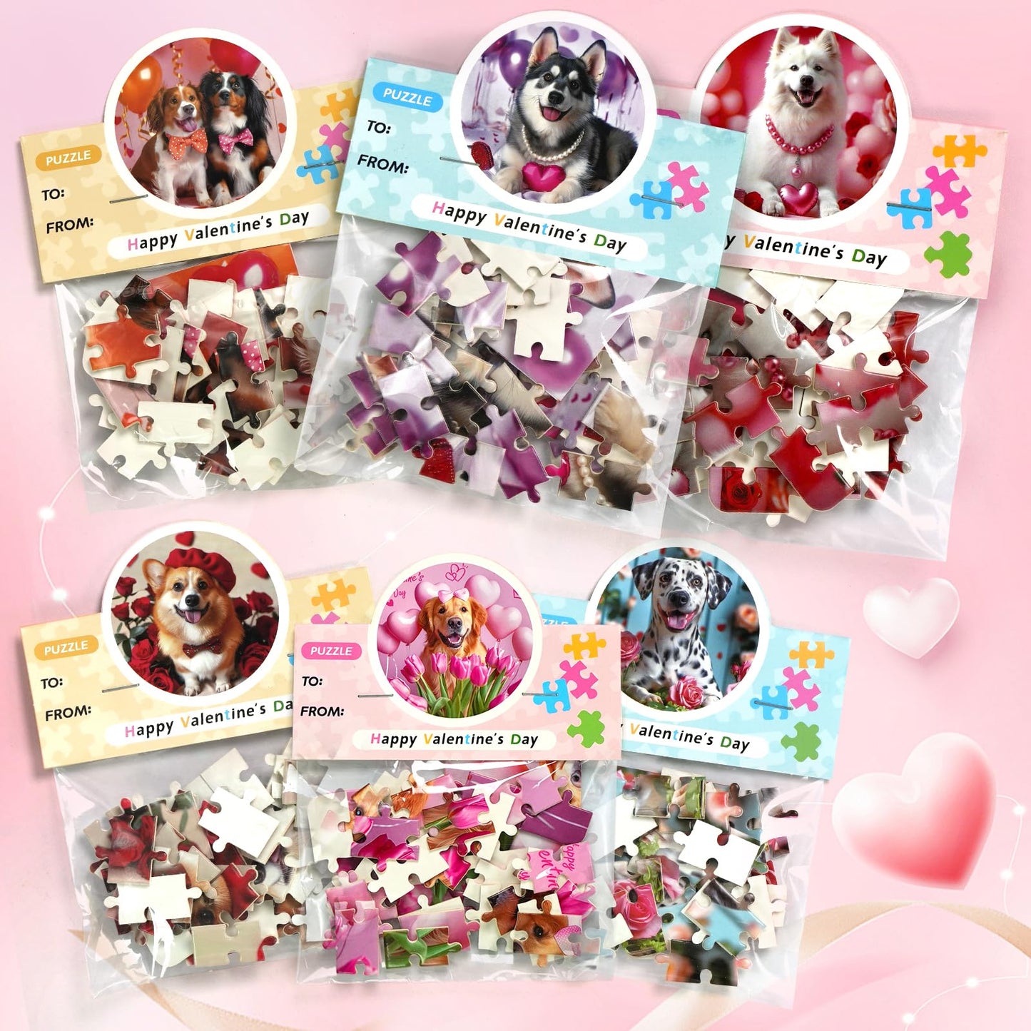 Rifamee 24 Packs Valentine Day Gifts For Kids With Cards Dogs Jigsaw Puzzles Goodies Bags Classroom Gifts Exchange For Boys And