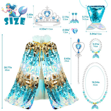 Limiroler Princess Dress Up Toys Mermaid Dress Up Cape Kit 9 Pcs Gift Set For Little Girls 3-8 Years Old, Princess Dress Up Clothes Set Gift For Birthday Christmas Party Halloween (Blue)