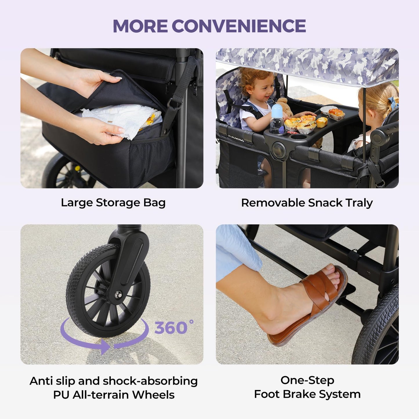 ELEMARA Wagon Stroller 4 Seater enhanced Stroller Wagon for 4 Kids Foldable All-Terrain Wagon for Kids with Canopy Adjustable Push/Pull Handles Convertible High Seat&Organizer Black+Purple