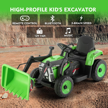 Joyldias 12V Ride On Excavator With 2.4Ghz Remote Control, Electric Construction Vehicle Bulldozer For Kids Digger With 3 Speeds, Bluetooth, Microphone Jack, Music, Lights, Green