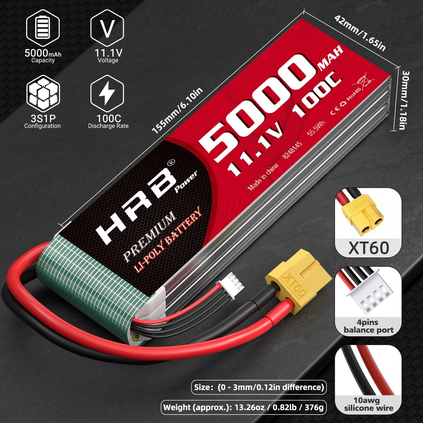 HRB 3S 5000mAh Lipo Battery XT60 100C 11.1V RC Lipo Battery Compatible with RC Car RC Plane RC Truck RC Boat (2packs)