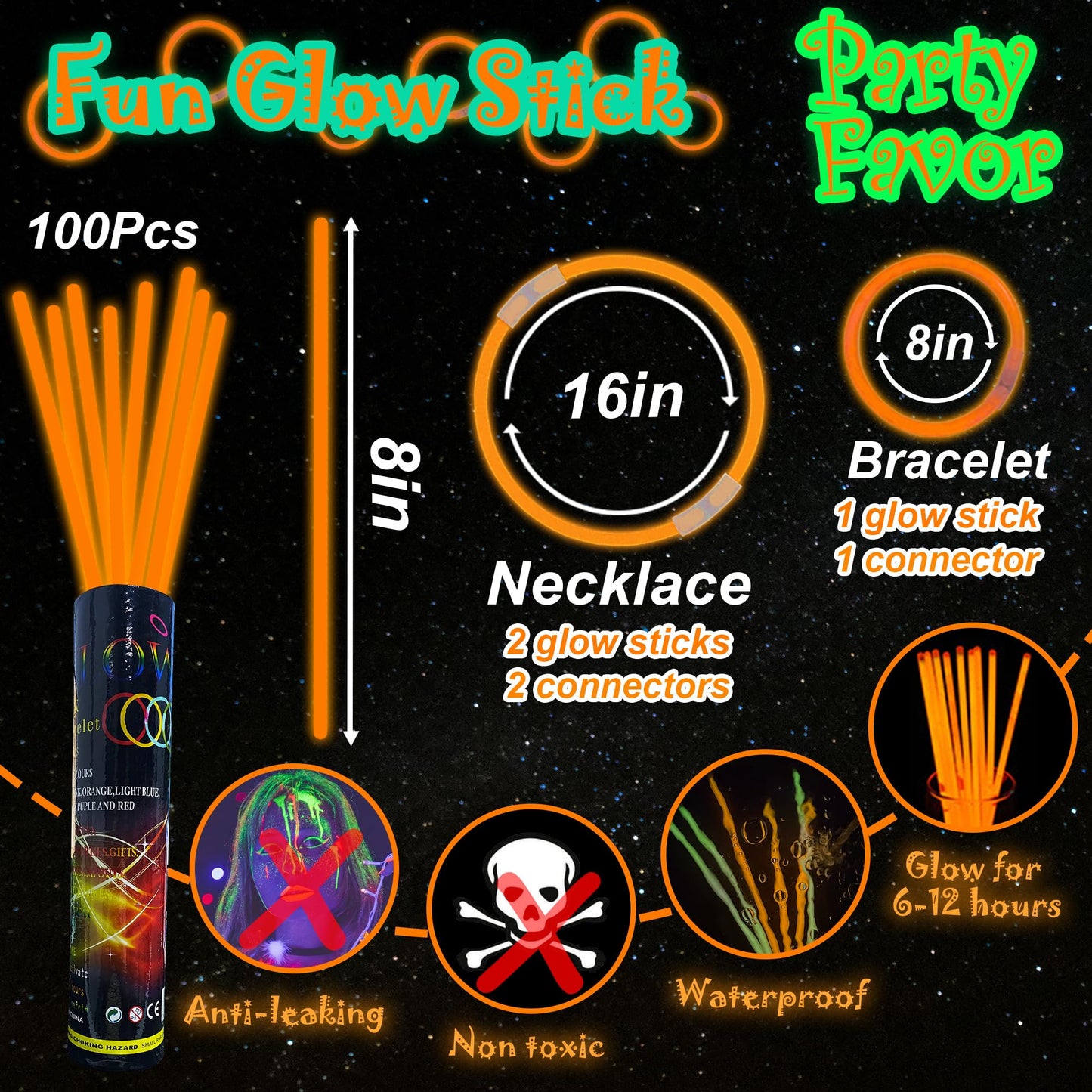 Ilhsty 100 Pcs 8'' Orange Glow Sticks Glow In The Dark Party Favors Supplies Bright Glowsticks Necklaces Bulk For Christmas Hall