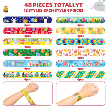 UMEMAXSO 48 PCS Easter Slap Bracelets for Kids - Fun Bunny & Egg Designs, Party Favors, Goodie Bag Fillers, and Classroom Prizes