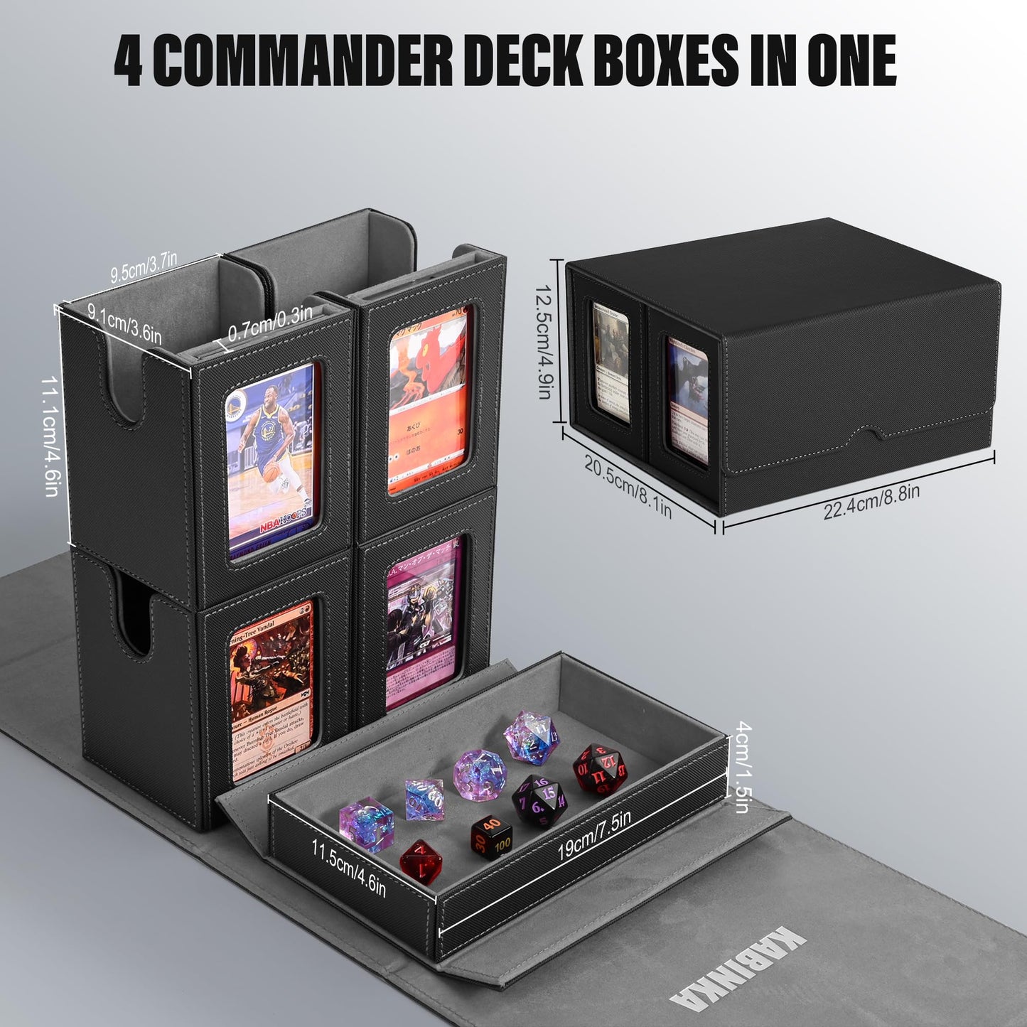 Kabinka 5 in 1 Deck Box for MTG Commander - Black Card Storage for 400+ Double-sleeved Cards, Dice Tray & 4 Magnetic Holders