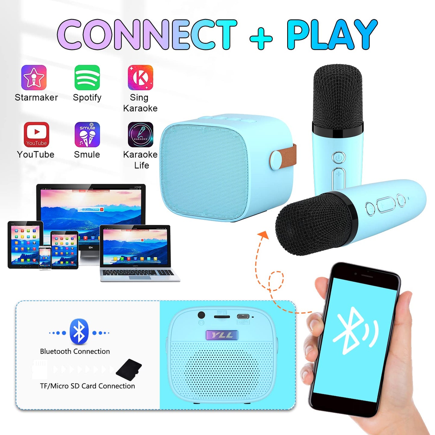 Yll Mini Karaoke Machine For Kids, Portable Bluetooth Speaker With 2 Wireless Microphones,18 Pre-Loaded Songs, Birthday For 3 4 5 6 7 8 + Year Old Boys Toys (Blue)
