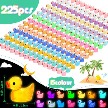 DWWPOO 225 Pcs Luminous Mini Resin Ducks - Multicolor Tiny Glow in The Dark Ornaments for Garden, Dollhouse, Aquarium, DIY Crafts