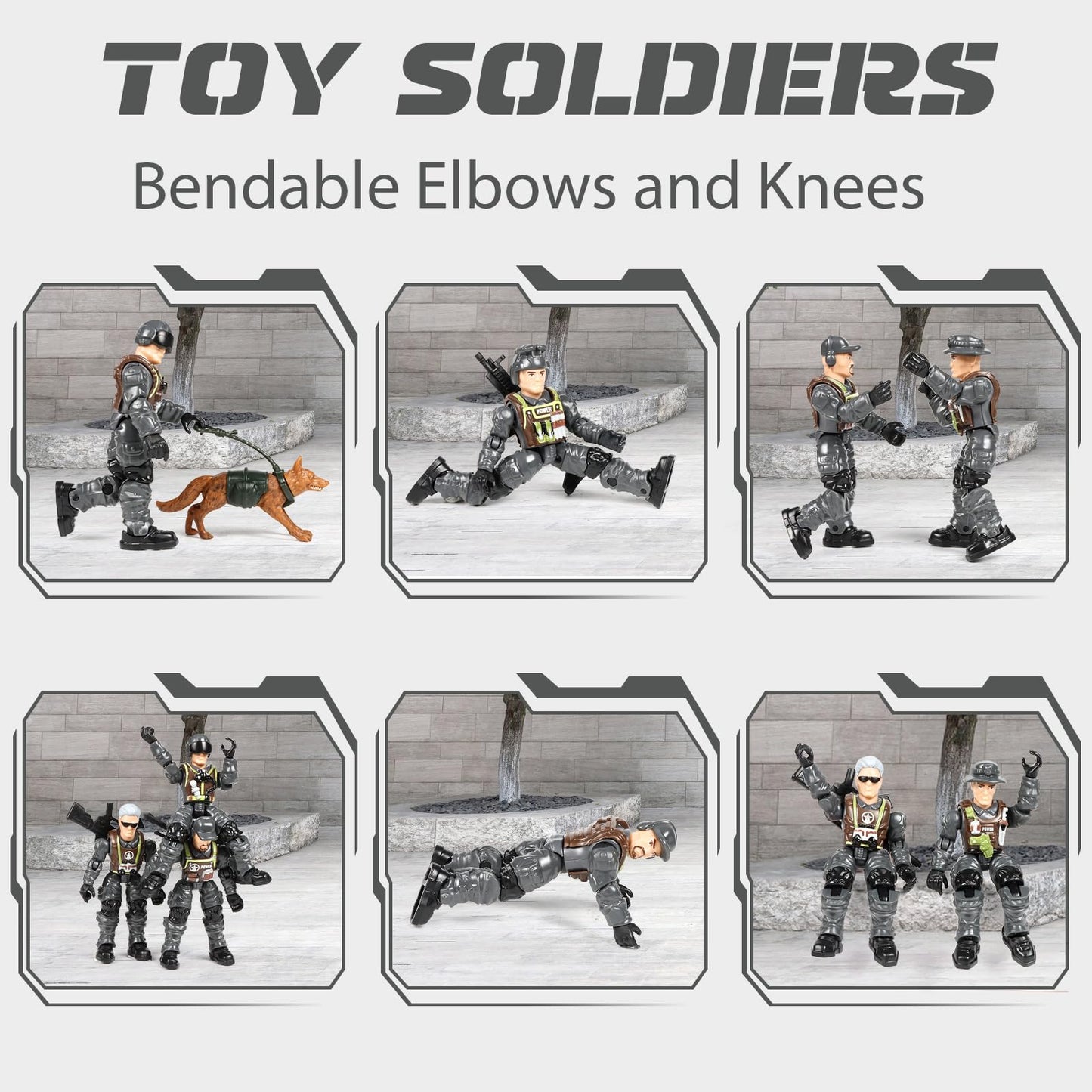 HAPTIME Army Men Action Figures with Toy Soldiers for Boys Plastic Army Toys for Boys 6-8 Birthday Gift for Military Collectors (6Pcs Gray)