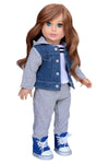 Tomboy - 4 Piece 18 Inch Doll Outfit - Jeans Jacket, Grey Sweatpants, T-Shirt Boots. ( Dolls Not Included)
