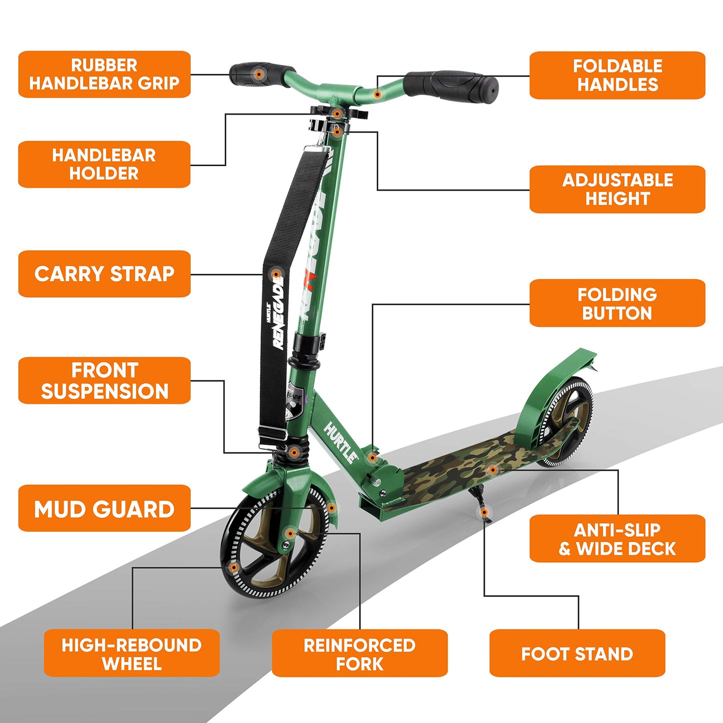 Hurtle Lightweight And Foldable Kick Scooter - Adjustable Scooter For Teens And Adult, Alloy Deck With High Impact Wheels (Camouflage)