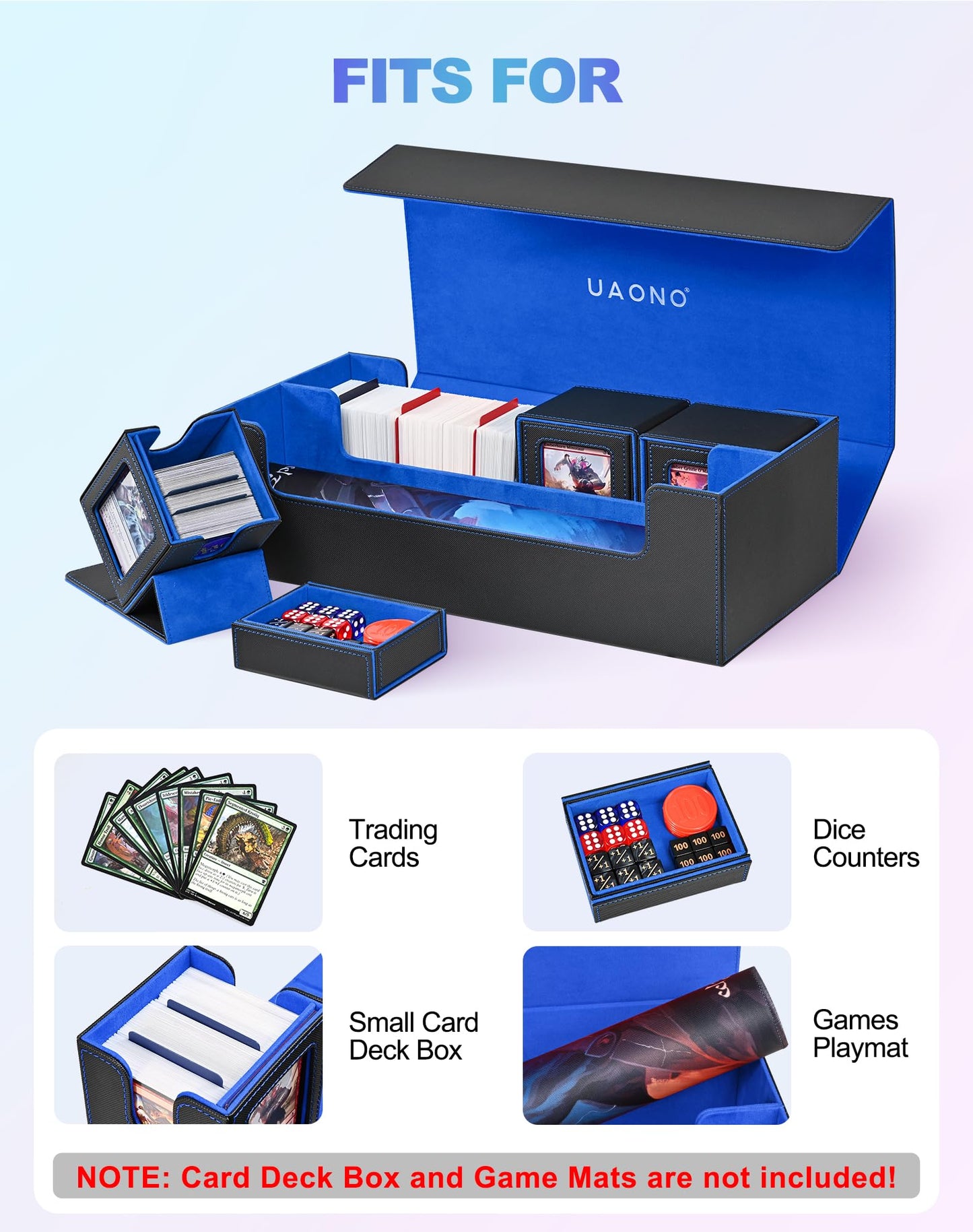 UAONO Trading Card Storage Box for MTG Fits 7 Pcs Small Commander Deck Box Large Card Deck Case with Dice Box for TCG PTCG Magic Sports Cards Game Playmat (Black Blue)