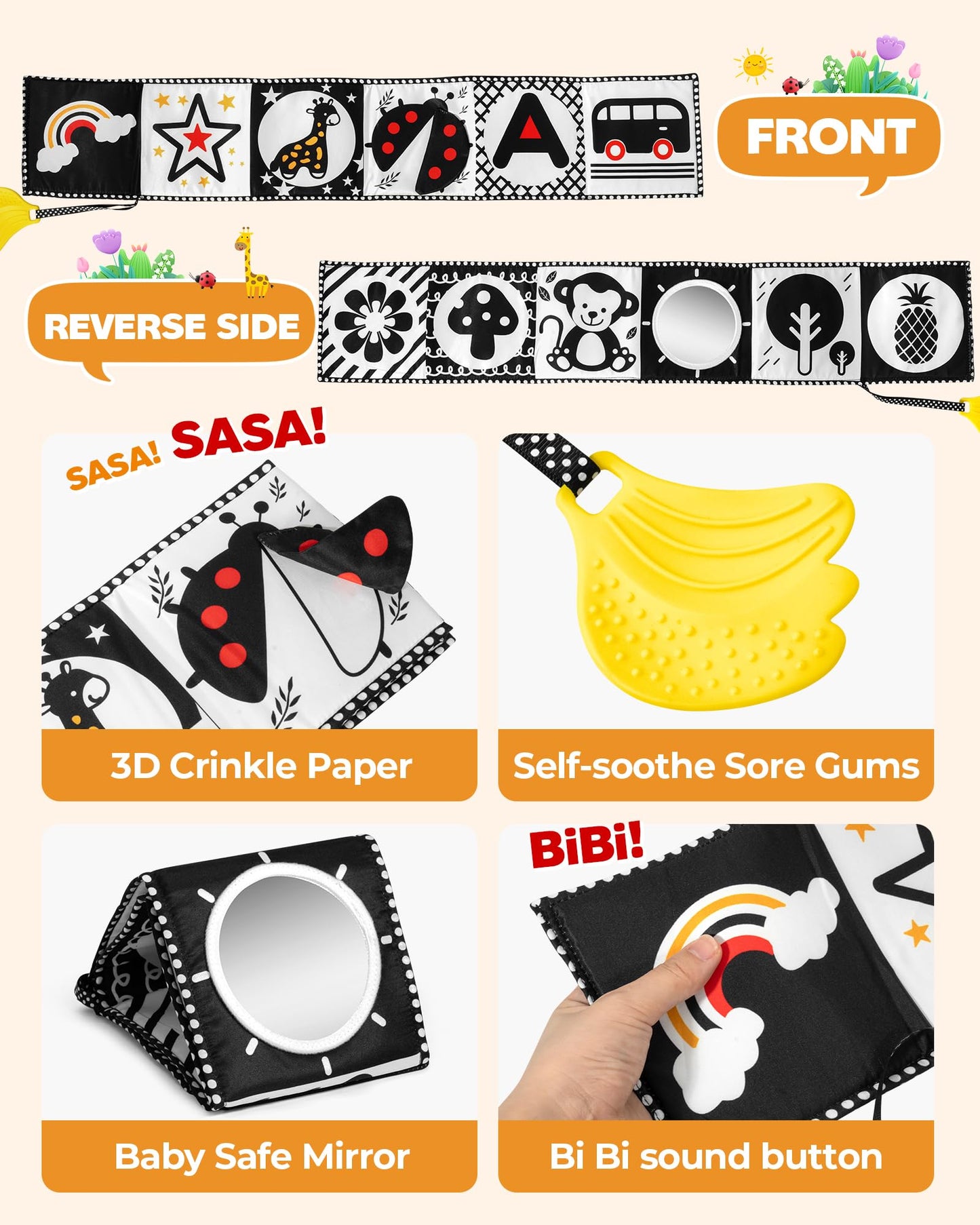 Melican Black And White High Contrast Baby Toys 0-6 6-12 Months, Soft Book With Teether, Newborn Infants Tummy Time Toys, 0-3 3-