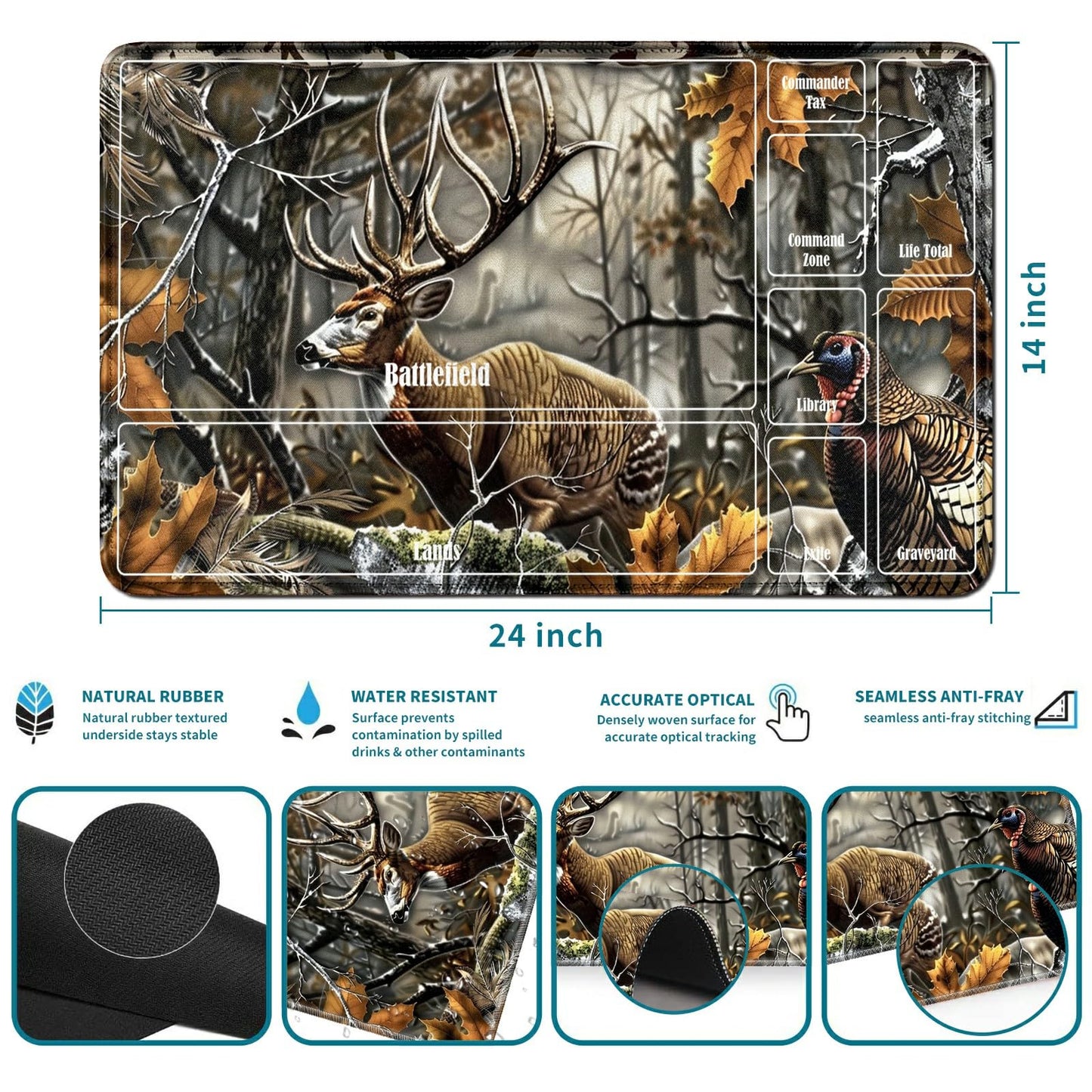 Rwutytiul Forest Deer Card Playmat 24 X 14 Inch With Tube Bag, Card Gameplay Mat With Zones Commander Deck Board Mtg Rpg Ccg Tcg