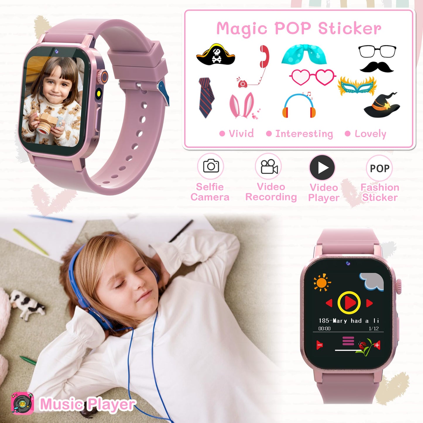 Kids Smart Watch With 32 Games Gift For Girls Age 3-12 Smart Watch For Kids With Touch Screen,Video,Camera,Music Player,Pedomete