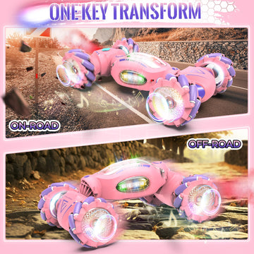 Fosgoit Pink Remote Control Car for Girls 6-12, 2.4Ghz 4WD Hand Controlled RC Car with Light & Music & Spray, Double-Sided 360 R
