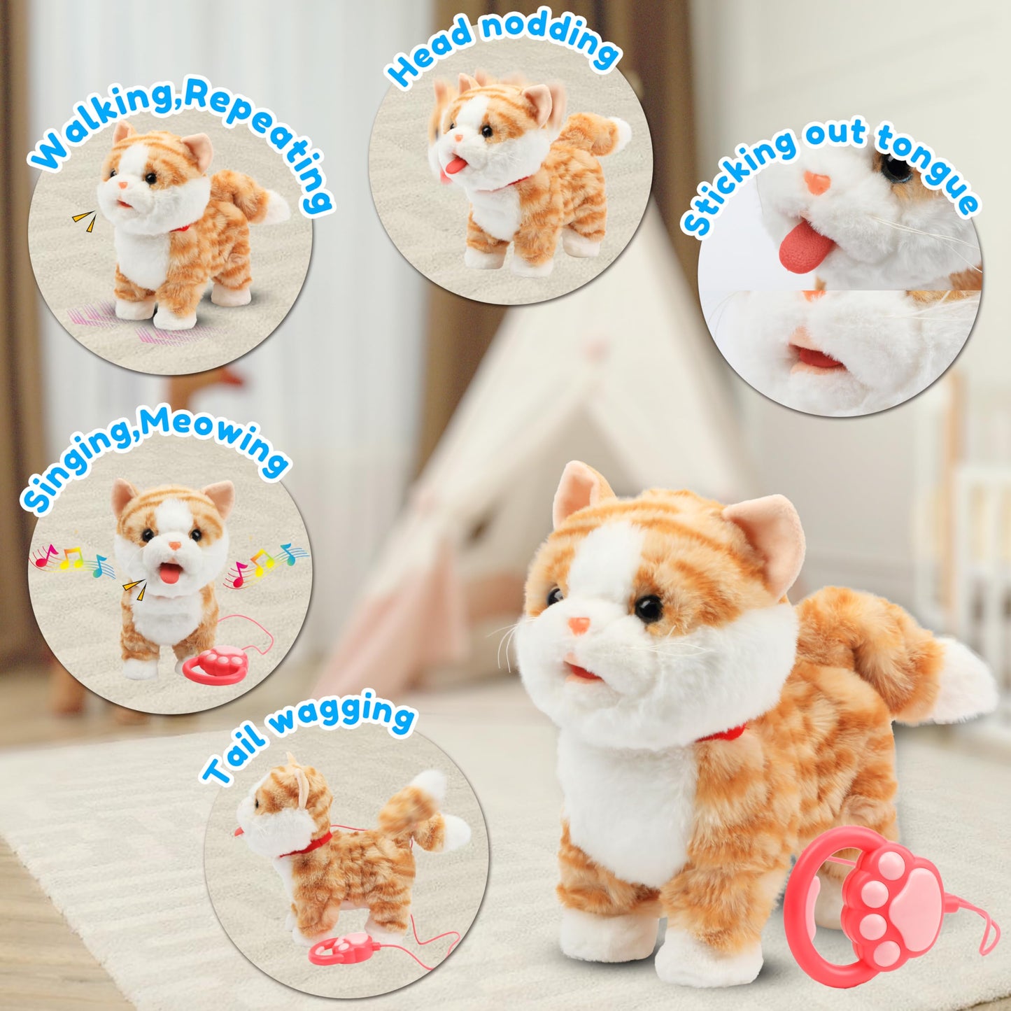 Easfan 12'' Walking Kitty Electric Interactive Talking Musical Cat Plush Toy With Remote Control Leash Meowing Tail Wagging Chri