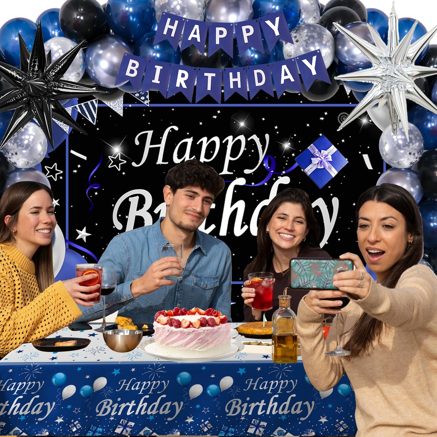 Black And Blue Birthday Decorations For Men Boys Women Girls, 75 Pcs Blue And Silver Party Decorations Happy Birthday Backdrop Banner Blue Black Silver Confetti Star Balloons Arch Tablecloth