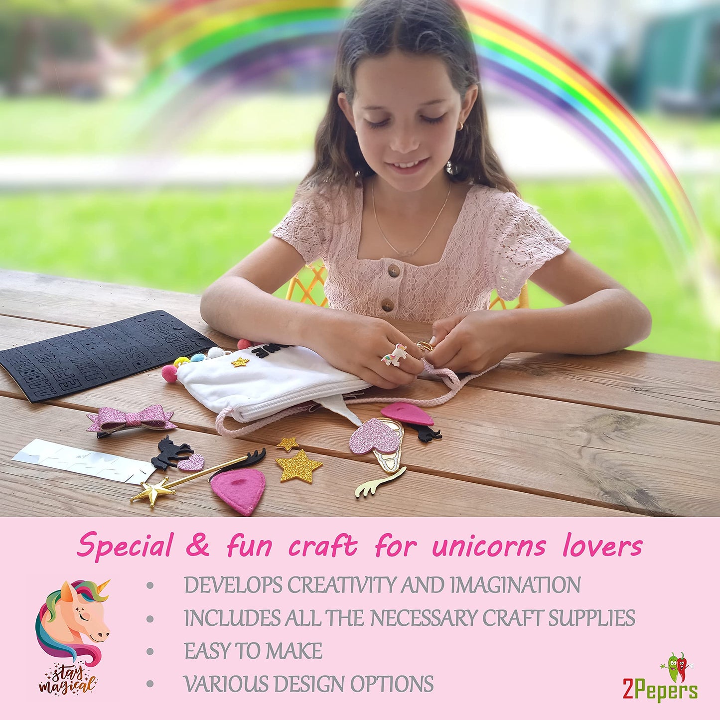 2Pepers Make Your Own Unicorn Purse Kit, Arts And Crafts For Kids, Diy Unicorns Gifts For Girls Ages 3 4 5 6 7 8 Years And Up (No Sewing Needed), Magical Unicorn Toy Bag, Creative Girl'S Project.