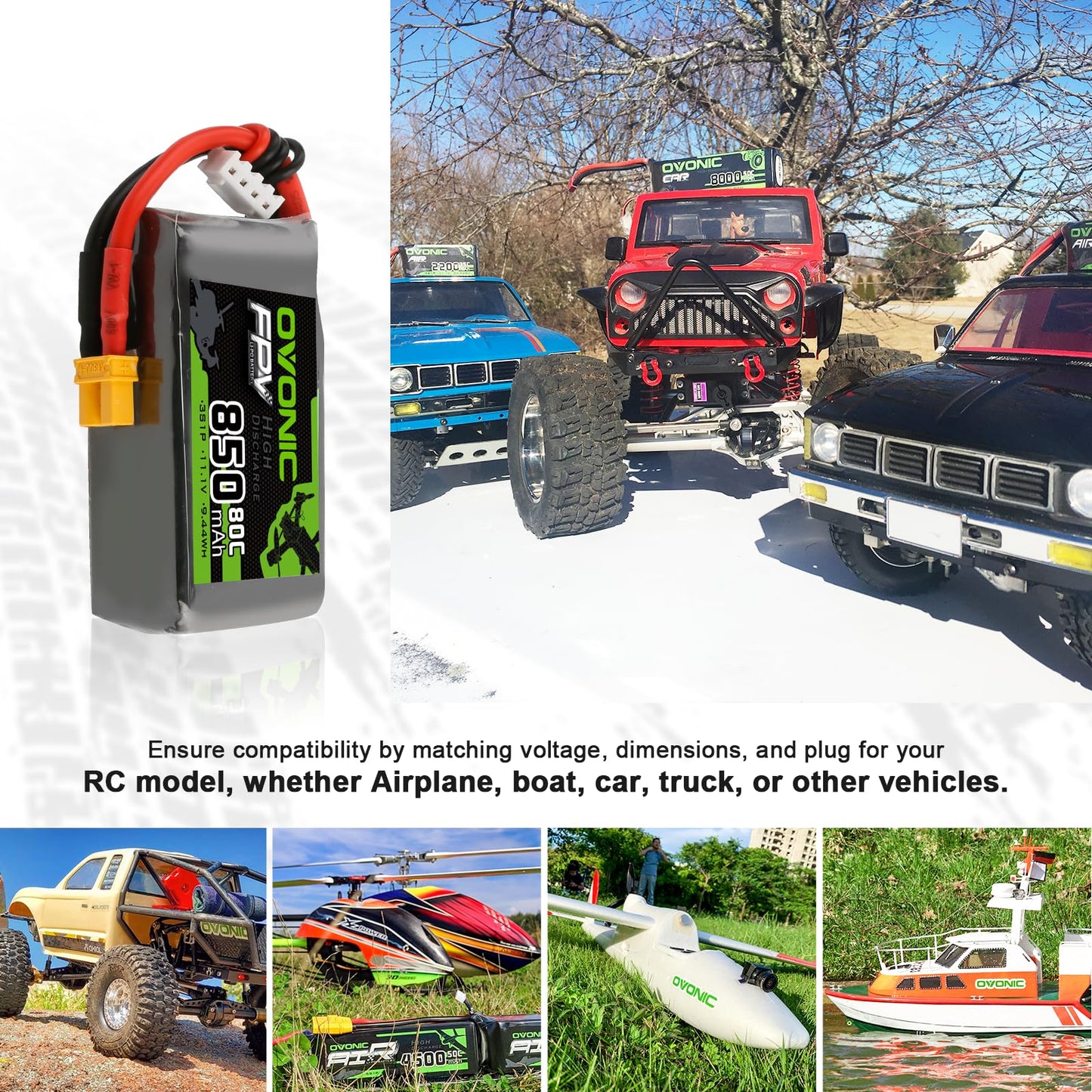 OVONIC Lipo Battery 850mAh 80C 11.1V 3S RC Battery with XT30 Connector for RC Plane DJI Quadcopter RC Airplane RC Helicopter RC
