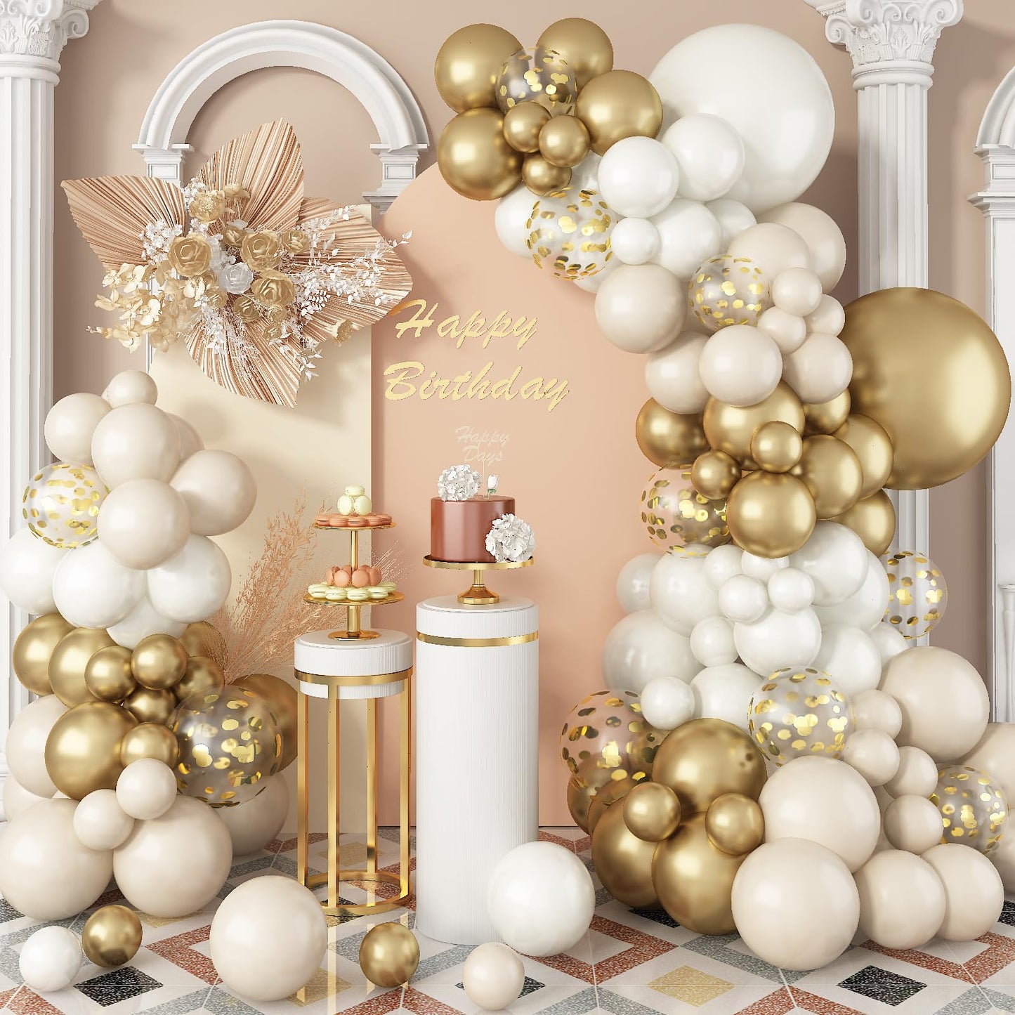 White Sand Gold Balloons Garland Arch Kit, 102 Packs White Nude Cream Balloons With Metallic Chrome Gold Confetti Latex Balloons