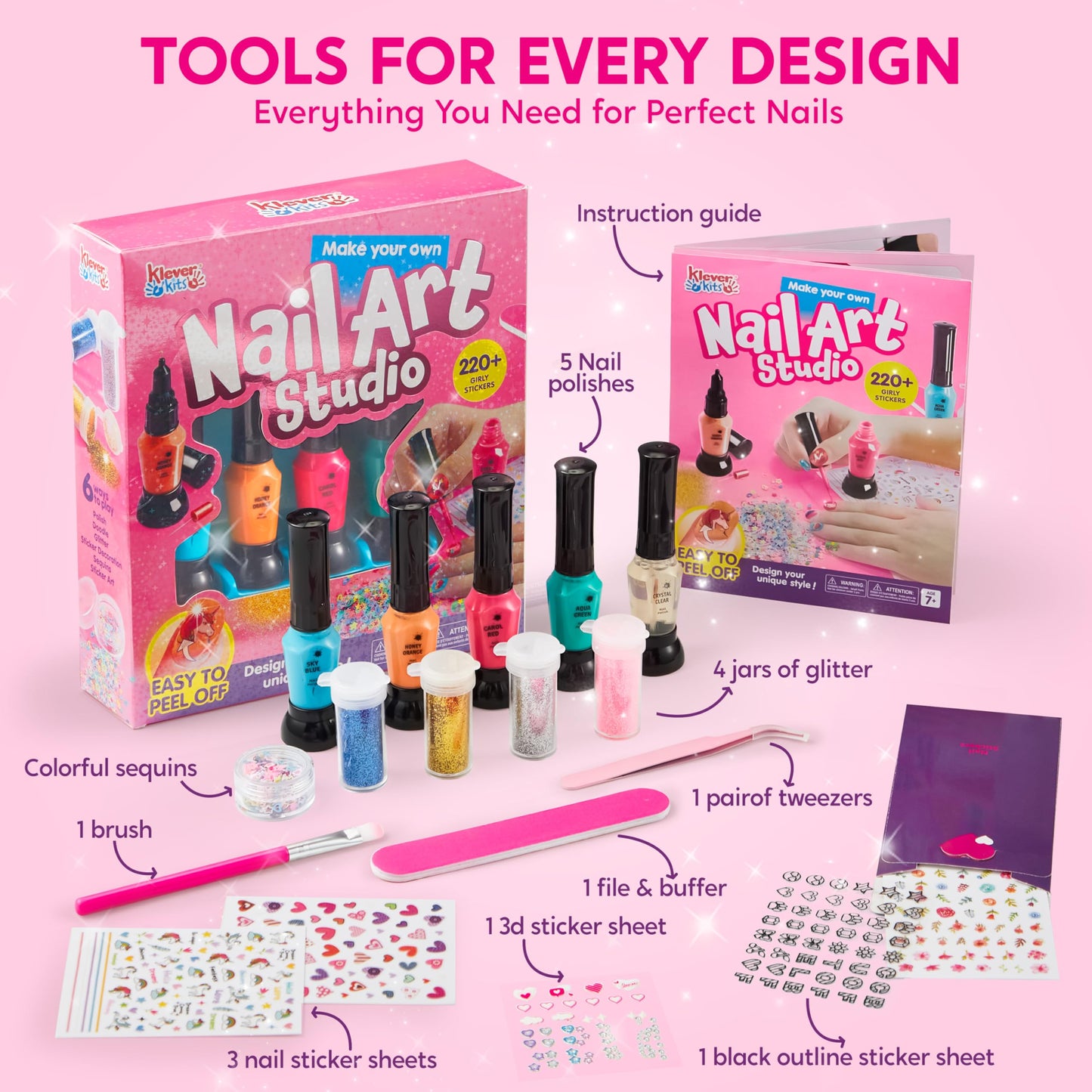 Klever Kits Nail Polish Art Kit for Kids, Kid-safe, Non-toxic Materials-Children Nail Studio With Glitter, Stickers Sequins, Str